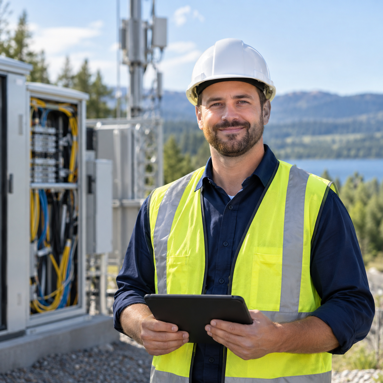 Telecom field professional wearing a hard hat and safety vest, holding a tablet beside network infrastructure